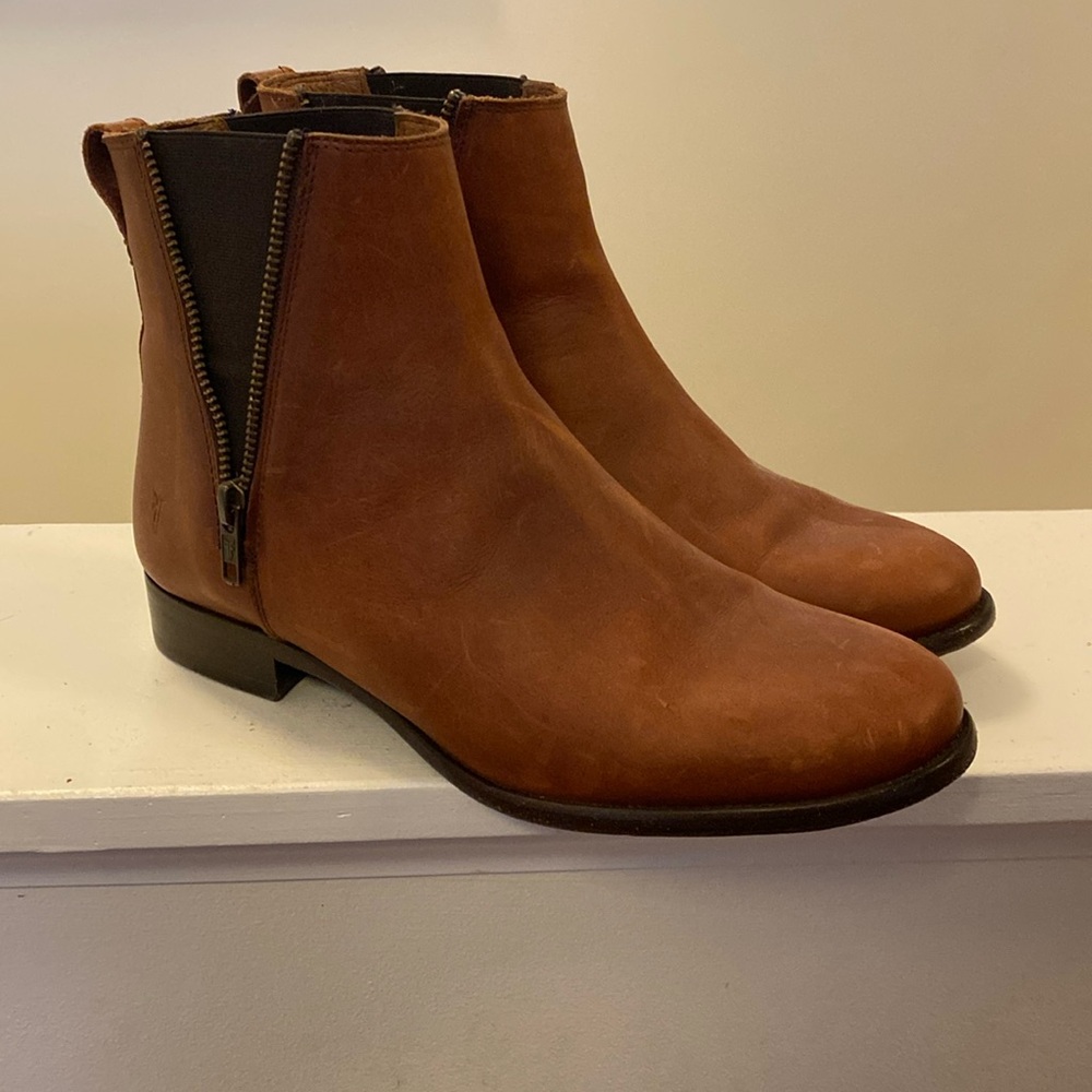 Frye Carly Zip Chelsea Booties in Cognac